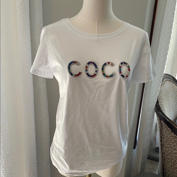 White T-Shirt Colorful Beaded 'COCO' NWOT Boutique Fashion top Small inspired - Picture 4 of 9